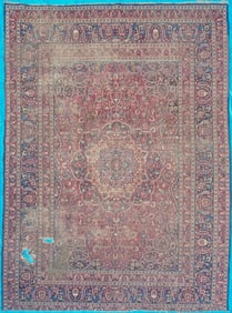 ANTIQUE SIGNED PERSIAN ISFAHAN HAND KNOTTED RUG, DISTRESSED, 9.6 x 12.9 (290cm x 389cm)