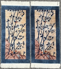 TWO ART DECO, SILK ON SILK MATCHING PICTORIAL HAND KNOTTED RUGS, 2.7 x 5.0 (79cm x 152cm)