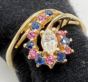 14K MARQUISE DIAMOND WITH SAPPHIRES AND PINK TOURMALINES AND RECENT APPRAISAL