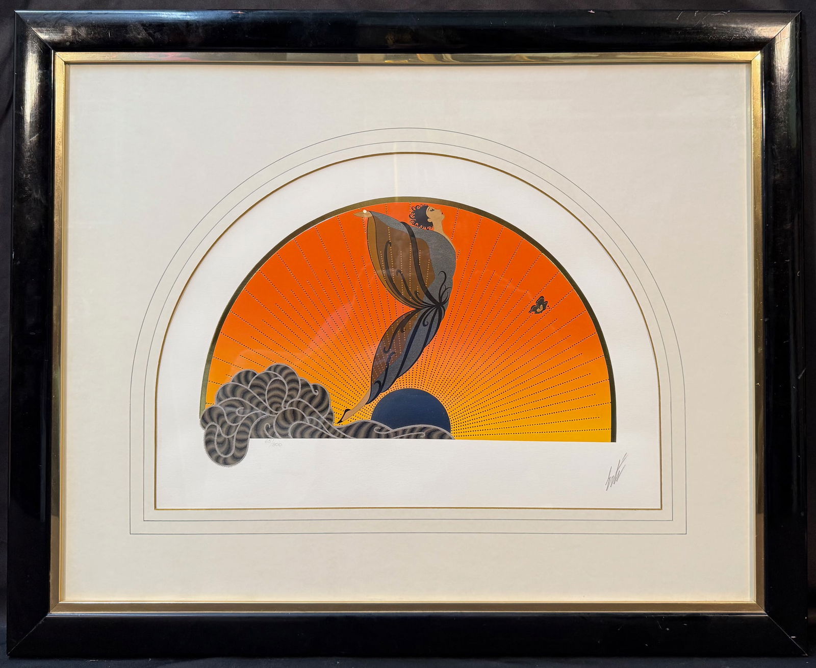 ERTE, OR ROMAIN DE TIRTOFF (1892-1990) HAND SIGNED, LIMITED EDITION, SILK SCREEN SERIGRAPH ON PAPER: Hand signed, limited edition silk screen serigraph by celebrated Russian artist Romain De Tirtoff, more famously known as Erte (1892-1990). It is titled Sunrise, and it is embossed with golden foil st