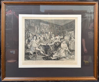 WILLIAM HOGARTH (1697-1764) ETCHING AND ENGRAVING TITLED A RAKES PROGRESS, PLATE 3, 23.5IN x 29IN