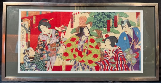 ANTIQUE ORIGINAL JAPANESE TRIPTYCH WOODBLOCK PRINT BY UTAGAWA KUNISADA III (1848-1920) 18IN x 36IN