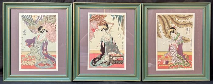 ANTIQUE JAPANESE WOODBLOCK TRIPTYCH BY KITAGAWA UTAMARO (1753-1806) TITLED COURTESANS OF THE