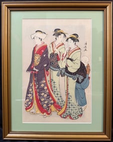 ANTIQUE JAPANESE WOODBLOCK PRINT BY TORII KIYONAGA (1752-1815) TITLED BEAUTIES STROLLING WITH COA,
