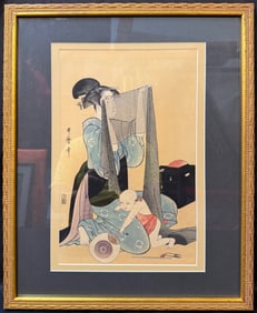 ANTIQUE JAPANESE WOODBLOCK PRINT, AFTER KITAGAWA UTAMARO (1753-1806) TITLED HARI-SHIGOTO WITH COA,