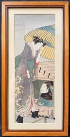 ANTIQUE JAPANESE WOODBLOCK PRINT BY KITAGAWA UTAMARO (1753-1806) TITLED BEAUTY BOARDING A PLEASURE