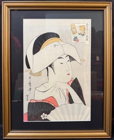 ANTIQUE JAPANESE WOODBLOCK PRINT BY KITAGAWA UTAMARO (1753-1806) TITLED THE GEISHA TOMIMOTO TOYOHINA