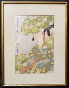 ANTIQUE JAPANESE WOODBLOCK PRINT BY KITAGAWA UTAMARO (1753-1806) TITLED SAGI MUSUME, 16IN x 20.5IN