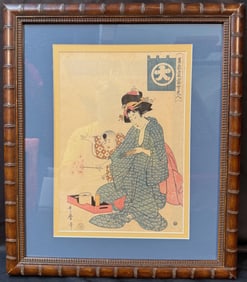 ANTIQUE JAPANESE WOODBLOCK PRINT BY KITAGAWA UTAMARO (1753-1806) TITLED THE A CHILD LIGHTING