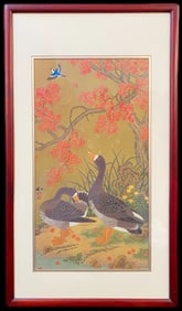 LITHOGRAPH ON SILK BY KAZURA TOZUKA (20 TH CENTURY) TITLED GARDEN OF THE WILD GEESE, 17.5IN x 31IN