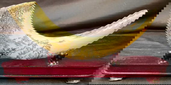 CHINESE PAINTED AND CARVED WILD BOAR TUSK, 1.5IN x 4IN x 8.75IN