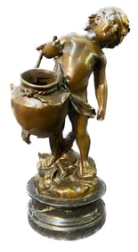 BRONZE STATUE OF BOY HOLDING A WATER JUG BY AUGUSTE MOREAU (1834-1917), 12IN TALL