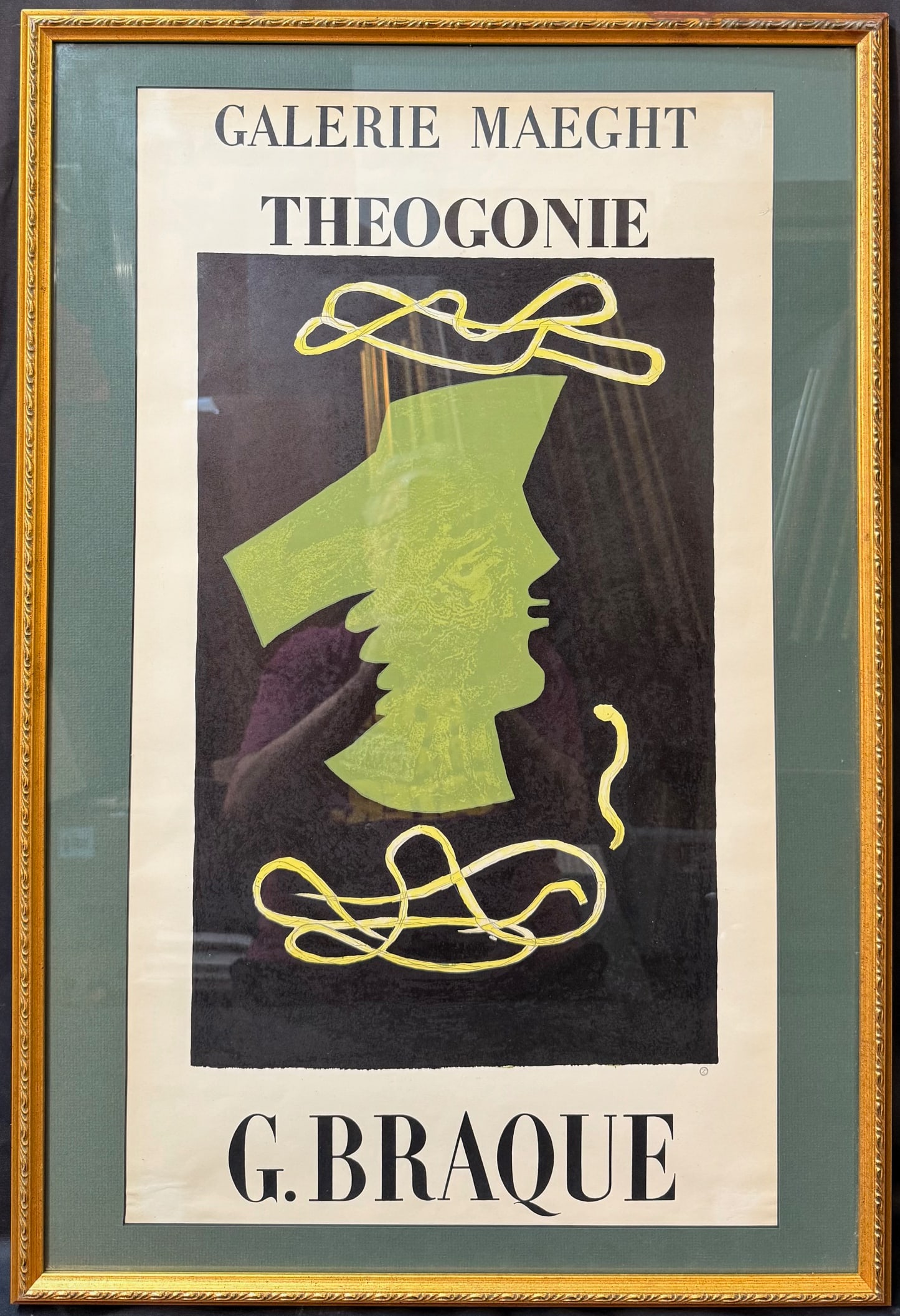 An original fine, richly inked impression of Georges Braque’s celebrated Théogonie exhibition: An original fine, richly inked impression of Georges Braque’s celebrated Théogonie exhibition poster, created in 1953 for Galerie Maeght and printed by the renowned Ateliers Mourlot. The design fea