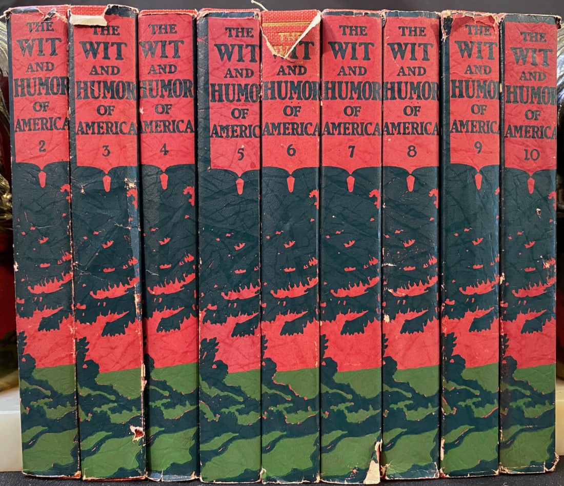 THE WIT AND HUMOR OF AMERICA, 9 VOLUMES, 1911: 1911. New York. 9 of 10 volumes, missing volume one. Funk and Wagnalls Company. All volumes are in Near Fine to Very Good++ condition. All volumes bound in red cloth with gilt spines for the title and