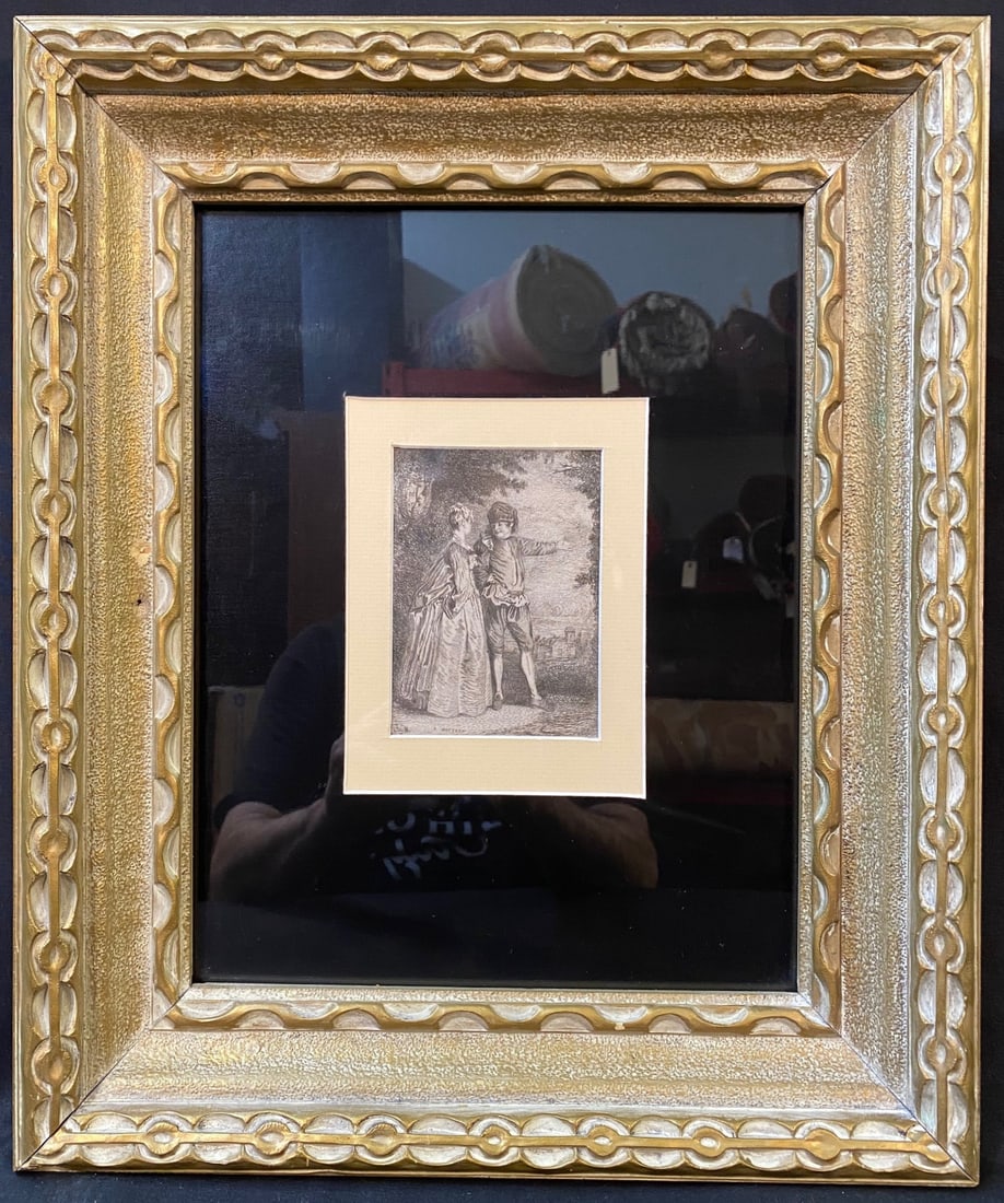 ANTOINE WATTEAU (1684-1721) ORGINAL ETCHING, 15.5IN x 18.5IN (39cm x 47cm): Antoine Watteau (1684-1721) original etching on paper showing a young couple. This piece is signed in plate and it was produced in the early 1700s. With frame, it measures 15.5 inches x 18.5 inches. I
