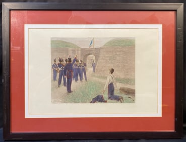 ANDRE CASTAIGNE (1860-1930) ORIGINAL, HAND COLORED COLLOTYPE TITLED EXECUTION OF A DESERTER, 18.5IN