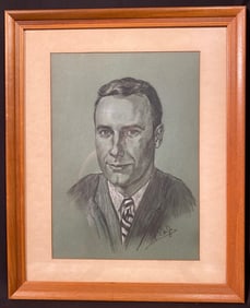 PRESTON DOYLE (20 TH  CENTURY) ORIGINAL PENCIL AND CHARCOAL SELF PORTRAIT ON PAPER – 18 IN x 22 IN