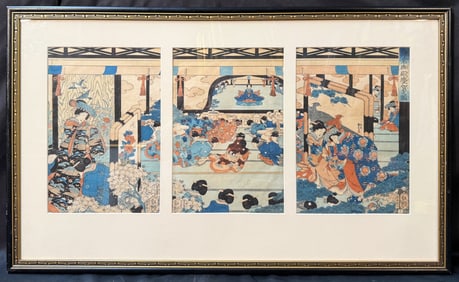 ANTIQUE ORIGINAL JAPANESE TRIPTYCH WOODBLOCK PRINT BY UTAGAWA KUNISADA (1786-1864) TITLED