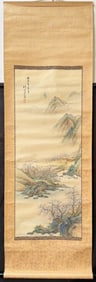 ANTIQUE ORIGINAL JAPANESE SCROLL PAINTING BY NORAKU OF A LANDSCAPE, 19IN x 53IN (48cm x 135cm)
