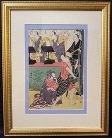 JAPANESE WOODBLOCK PRINT BY TORII KIYONAGA (1752-1815) OF A KABUKI PERFORMANCE WITH COA, 19.5IN x