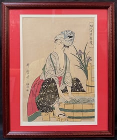 ANTIQUE JAPANESE WOODBLOCK PRINT BY KITAGAWA UTAMARO (1753-1806) TITLED WASHING CLOTHES WITH COA,