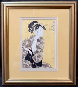 JAPANESE WOODBLOCK PRINT BY KITAGAWA UTAMARO (1753-1806) TITLED HANAOGI OF THE OGIYA, 17IN x 19IN