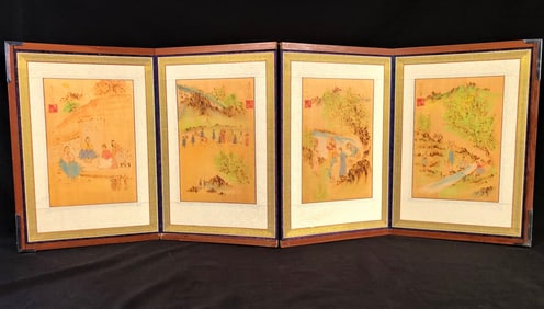 ASIAN PAINTED FOLDING SCREEN, 16 IN x 41 IN