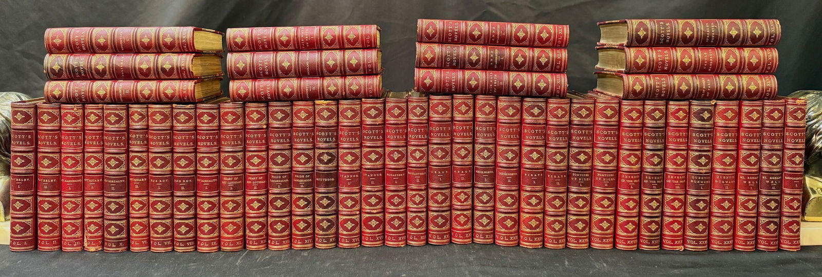 THE WAVERLY NOVELS OF SIR WALTER SCOTT, 46 VOLUMES, 1829-1833: Edinburgh. 1829-1833. Published by Robert Cadelli, and printed by John Murray and Whitaker and Company in London. Complete in 48 volumes, this set is missing Volume IV and Volume XXXVII. All volumes a