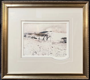 ANDREW WYETH (1917-2009) HAND SIGNED BOOKPLATE TITLED FENCE LINE WITH COA, 21.25IN x 23.75IN (54cm x