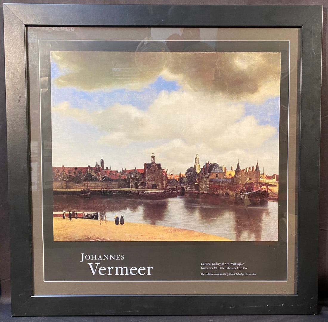 JOHANNES VERMEER (1632-1675) ORIGINAL NATIONAL GALLERY EXHIBIT POSTER FOR HIS 1995-1996 EXHIBIT,: Johannes Vermeer (1632-1675) original National Gallery exhibit poster announcing his 1995-1996 Exhibit. It measures 30 inches x 30 inches. It is matted and framed under glass in a simple tone frame. I
