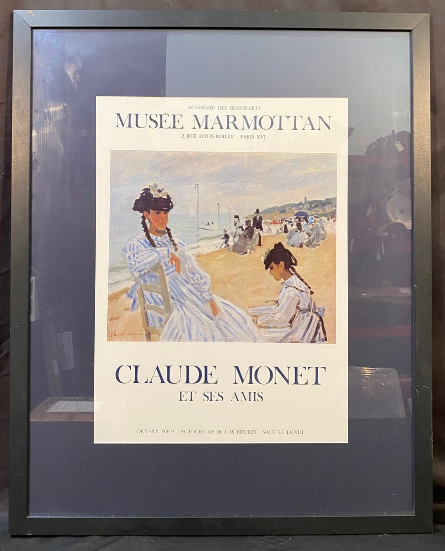 ORIGINAL CLAUDE MONET (1840-1926) EXHIBITION POSTER FOR THE MUSEE MARMOTTAN, 1971, 29IN x 36IN (74cm: Original Claude Monet (1840-1926) museum exhibition lithograph for the Musee Marmottan. The underlying piece is titled On The Beach at Trouville, after the original which was painted in 1870. This lit
