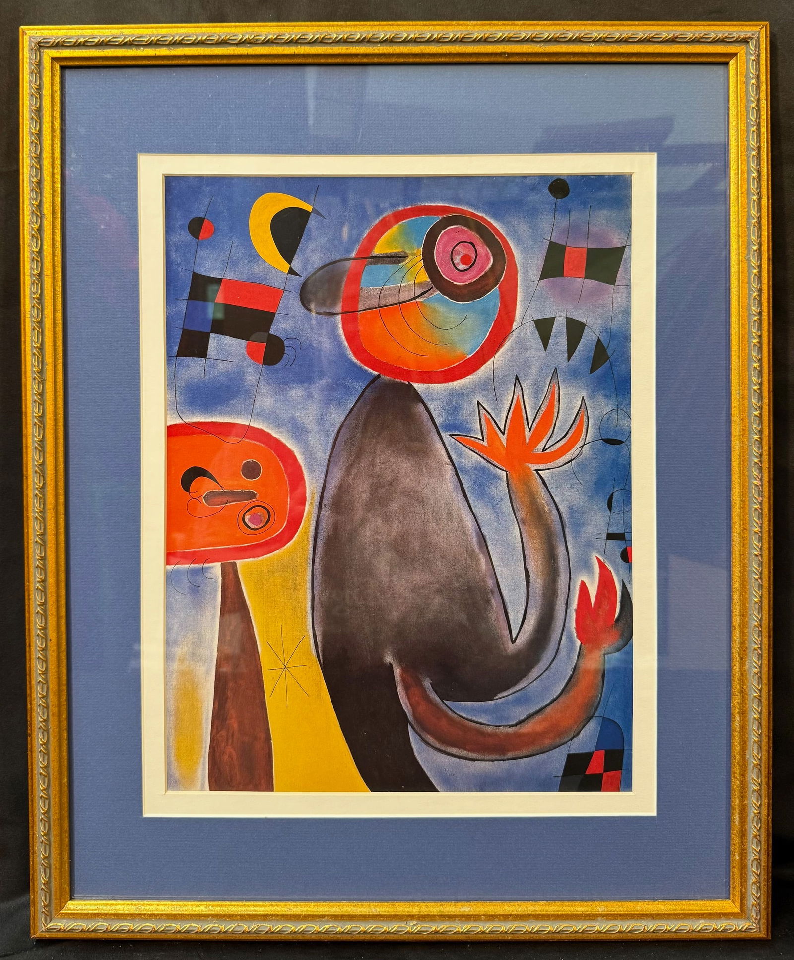 JOAN MIRO (1893-1983) LITHOGRAPH TITLED LADDERS CROSS THE BLUE SKY IN A WHEEL OF FIRE, 17.5IN x: Lithograph by celebrated Spanish artist Joan Miro (1893-1983) titled Ladders Cross the Blue Sky in a Wheel of Fire. This piece is after the original which was painted in 1953 and is part of the collec