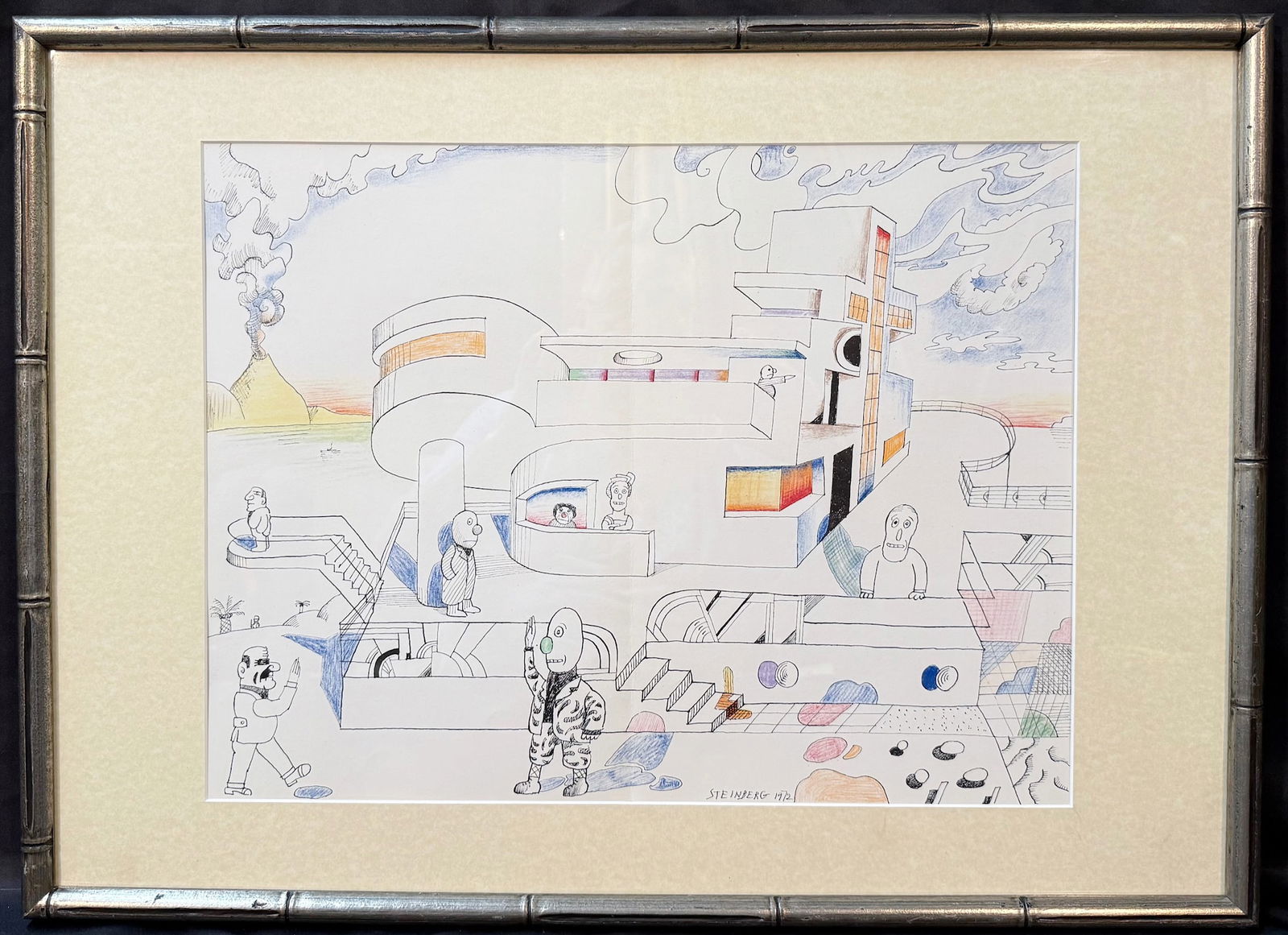 SAUL STEINBERG (1914-1999) ORIGINAL LITHOGRAPH, 19.5IN x 27.0IN (53cm x 69cm): Saul Steinberg (1914-1999) original lithograph that was produced in 1973 in Paris by Gallery Maeght Paris for Derriere le Mirior. It is matted and framed under glass in a silver toned bamboo frame. Wi