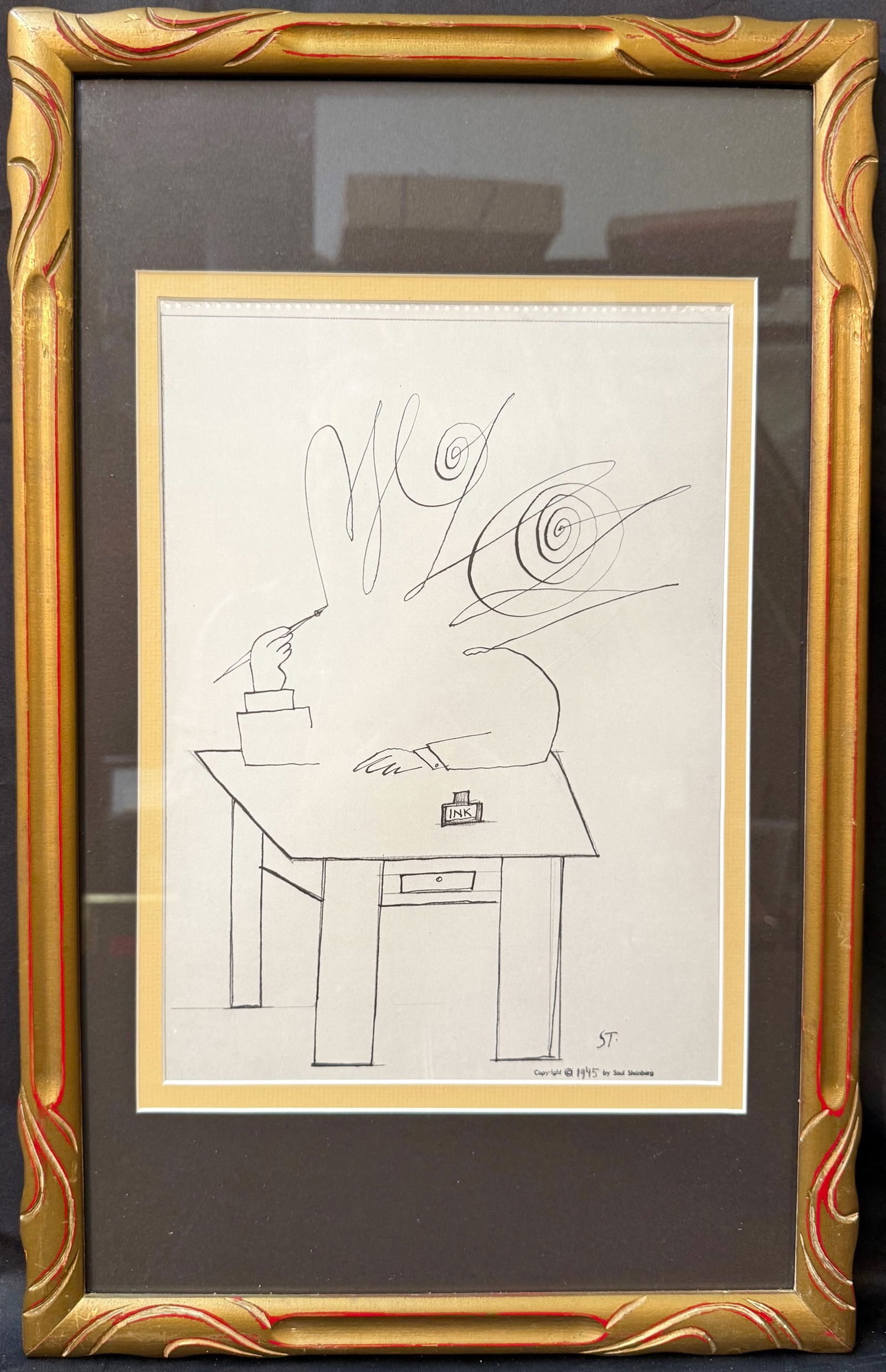 SAUL STEINBERG (1914-1999) LITHOGRAPH TITLED INK, 13.5IN x 21.5IN (34cm x 55cm): Saul Steinberg (1914-1999) lithograph titled Ink. It is after the original which was drawn in 1945. This lithograph was produced in 1977 in Paris by Gallery Maeght Paris for Derriere le Mirior. It is