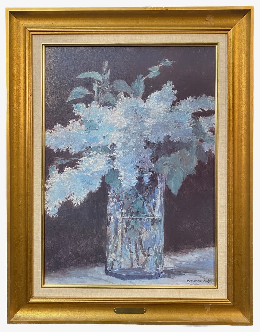 EDOUARD MANET (1832-1883) OIL REPLICA TITLED THE LILAC TUFT, 22IN x 28IN (56cm x 71cm): Edouard Manet (1832-1883) oil replica titled The Lilac Tuft. It is after the original which was painted in 1882. With frame, it measures 22 inches x 28 inches. This lithograph was produced in Connecti