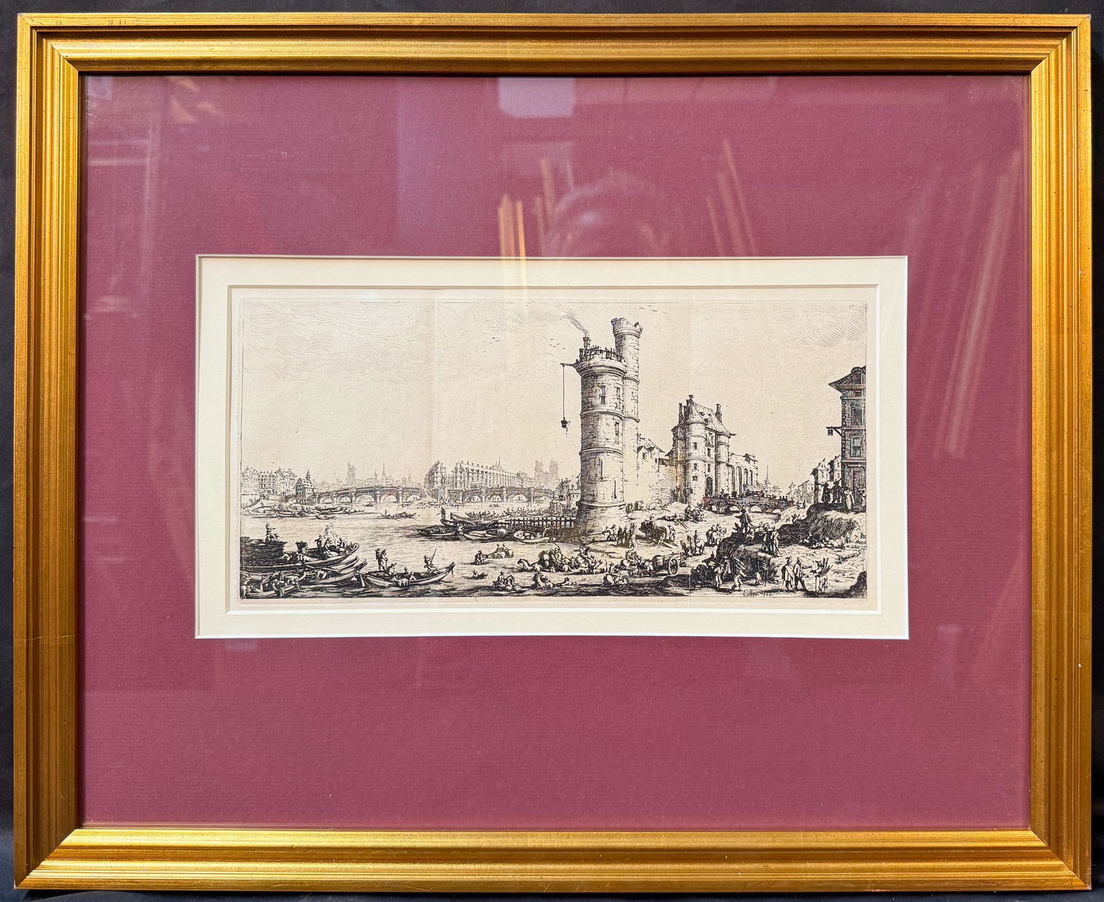 JACQUES CALLOT (1592-1635) ETCHING TITLED VUE DU PONT NEUF, 18IN x 22IN (46cm x 56cm): This is a finely printed, 19th-century impression of Vue du Pont Neuf, one of Jacques Callot’s celebrated panoramic views of Paris. This etching was printed in 1865 from Callot’s 17th-century
