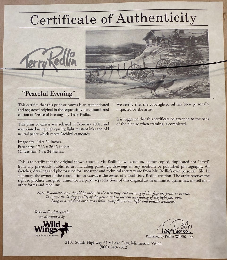 TERRY REDLIN (1936) ORIGINAL LITHOGRAPH WITH COA TITLED PEACEFUL EVENING, 22IN x 32IN (56cm x 81cm) - 5