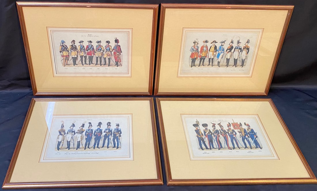 18 TH AND 19 TH CENTURY WURTTEMBERG UNIFORM ENGRAVINGS BY LEO IGNAZ VON STADLINGER, 14.5IN x 17in: Four color plate prints by Leo Ignaz Von Stadlinger titled 18th and 19th Century Wurttemberg Uniforms. This is part of his History of the Wurttemberg Military System series, and these were produced
