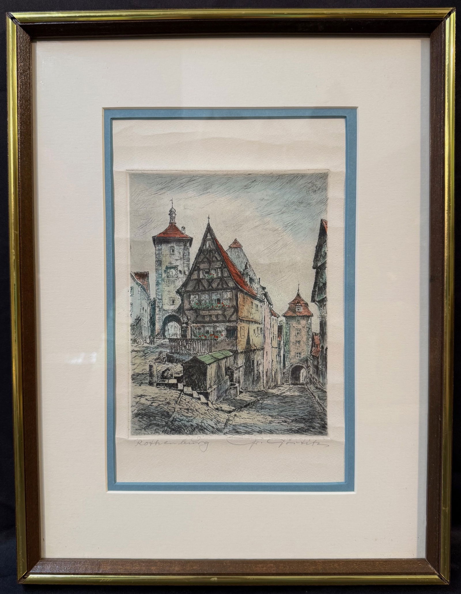 PAUL GEISSLER (1881-1965) HAND SIGNED, ORIGINAL ETCHING AND AQUATINT TITLED ROTHENBERG, 13.5IN x: Hand signed, original etching and aquatint with touches of hand coloring on thick wove paper, by Paul Geissler (1881-1965) titled Rothenberg. It is hand signed in by artist in pencil in the lower
