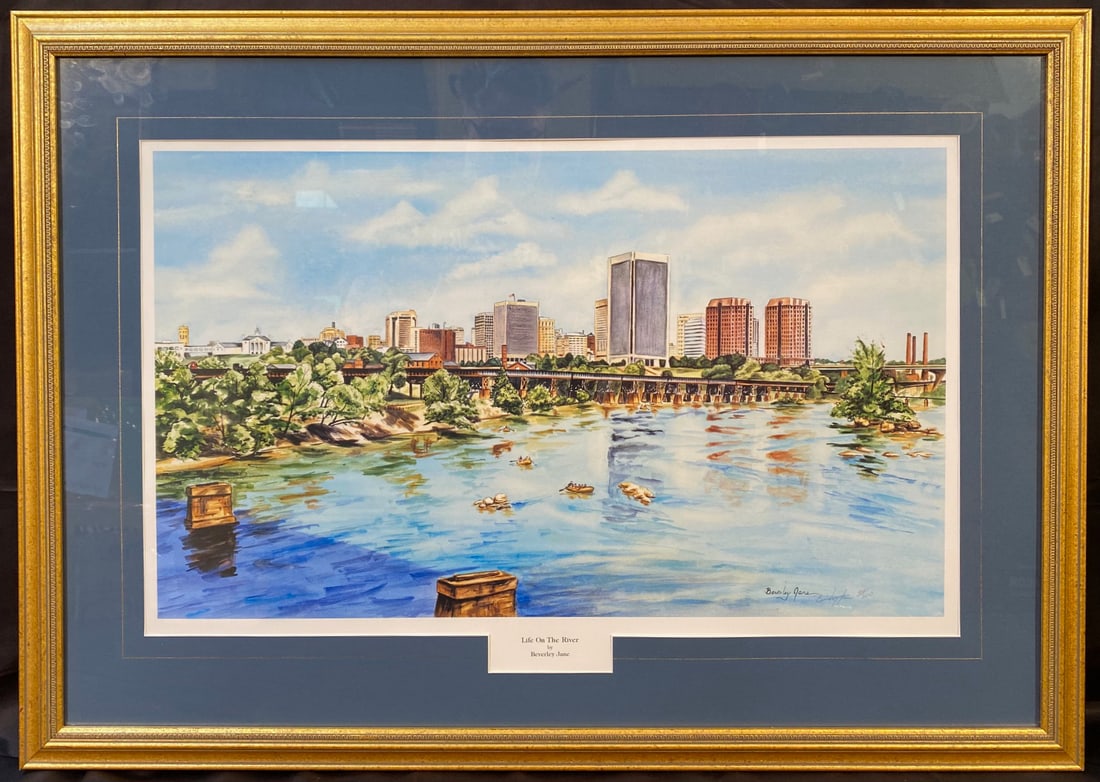 BEVERLY JANE (20 th CENTURY) LIMITED EDITION, HAND SIGNED LANDSCAPE PRINT, 25IN x 36IN: Limited edition, hand signed landscape print by Virginia artist Beverly Jane. It is titled Life on the River and it is hand signed by the artist in pencil, and is a limited edition being 44 of 600.