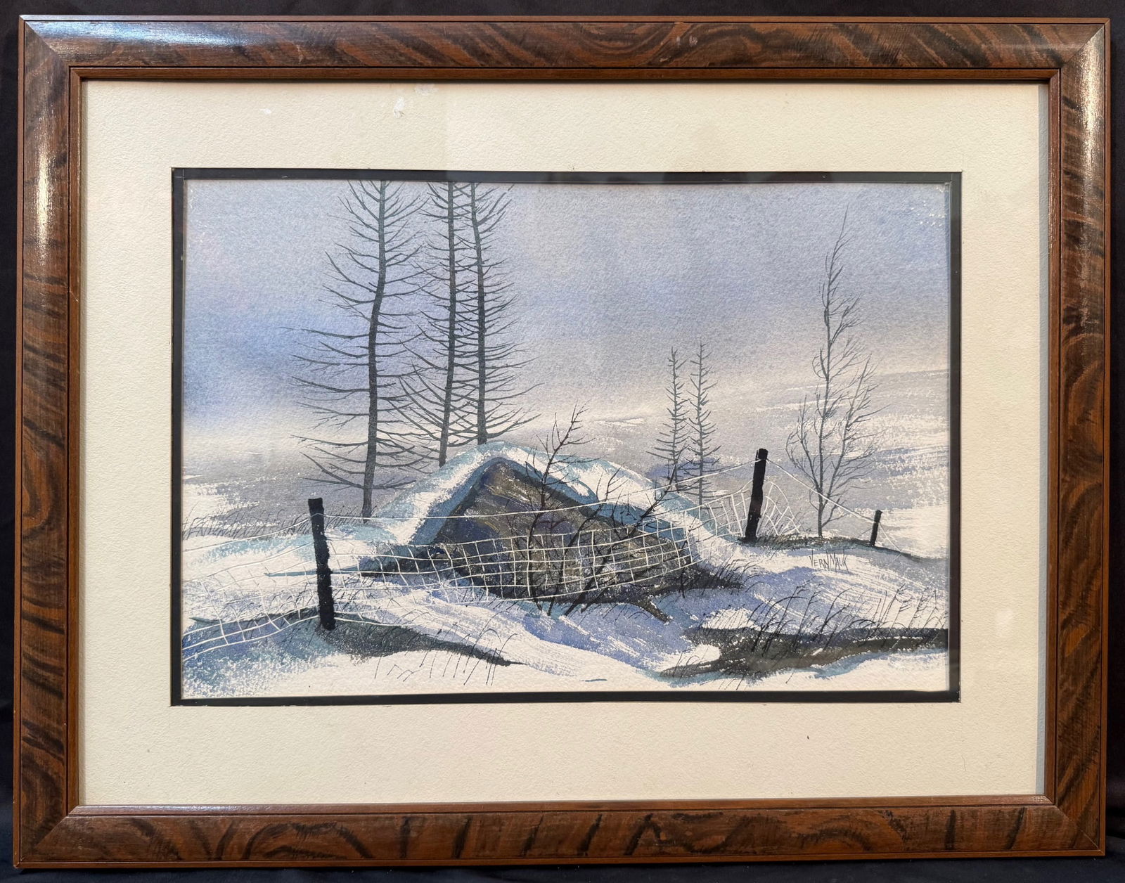 VERN MAUK (1931-2023) ORIGINAL WATERCOLOR TITLED WIRE FENCE, 20.5 x 26.5 (52cm x 67cm): Vern Mauk (1931-2023) original watercolor titled Wire Fence. This piece is double matted and framed under glass in a wooden frame. With frame, it measures 20.5 inches x 26.5 inches. This piece was acq