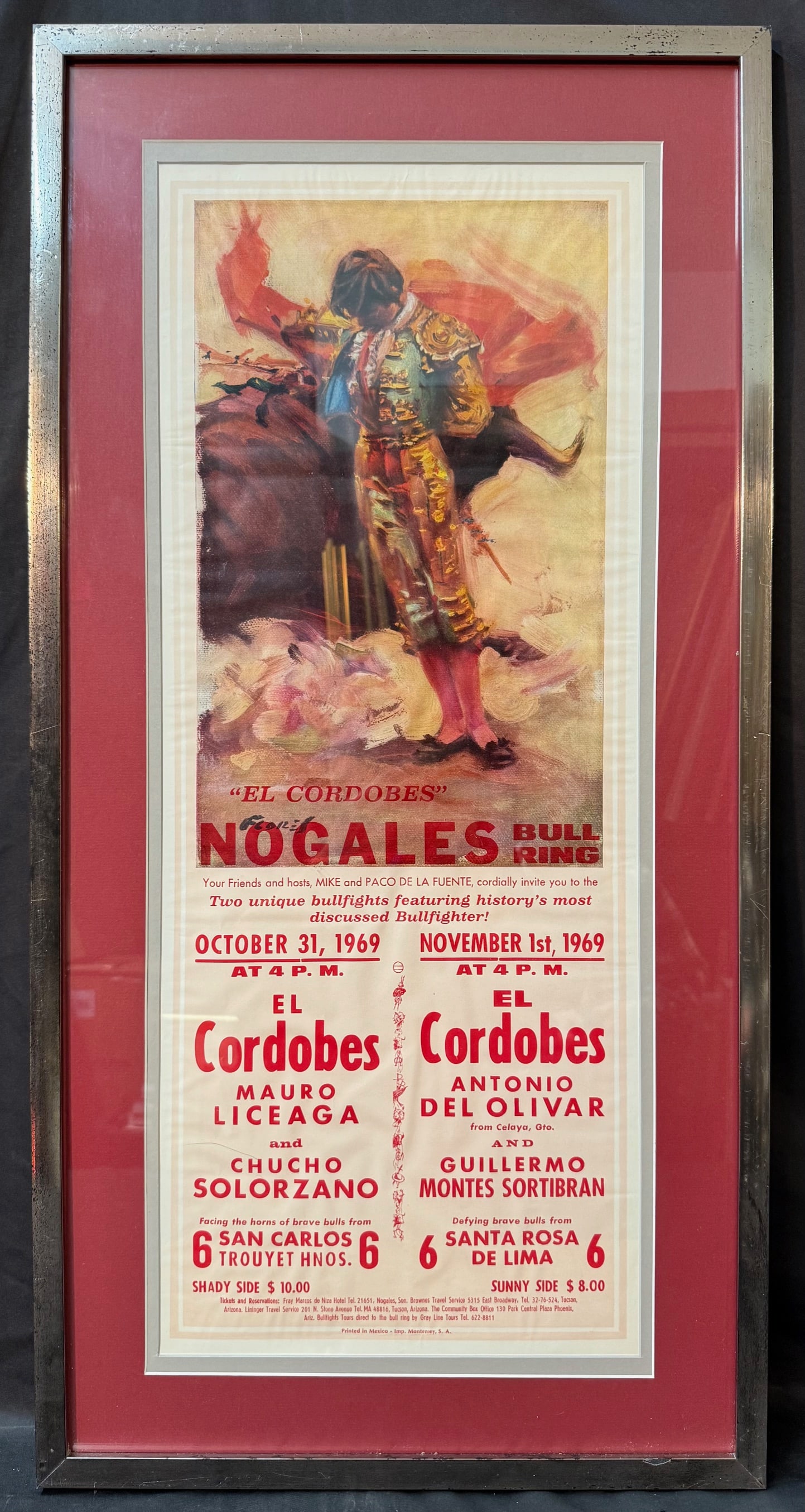 ORIGINAL VINTAGE BULLFIGHTING POSTER FEATURING EL CORDOBES, 1969, 18IN x 36IN (46cm x 91cm): This is an original Mexican bullfighting poster (cartel taurino) advertising two historic corridas held at the Nogales Bull Ring in Nogales, Sonora, featuring the legendary Spanish matador El Cordobé