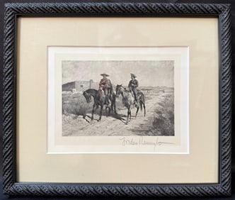 FREDERIC REMINGTON (1861-1909) HAND SIGNED LITHOGRAPH TITLED TWO MEN ON HORSES, 8.5IN x 10IN (22cm x
