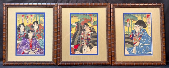 ANTIQUE ORIGINAL JAPANESE TRIPTYCH WOODBLOCK PRINT BY TOYOHARA KUNICHIKA (1835-1900) 18.5IN x 21.5IN