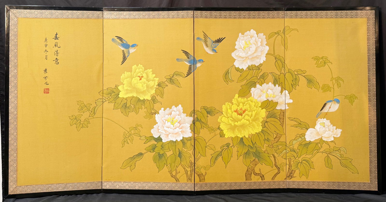 JAPANESE FOLDING SCREEN PAINTING ON SILK, 35.5IN x 70IN (90cm x 178cm) (1 of 5)