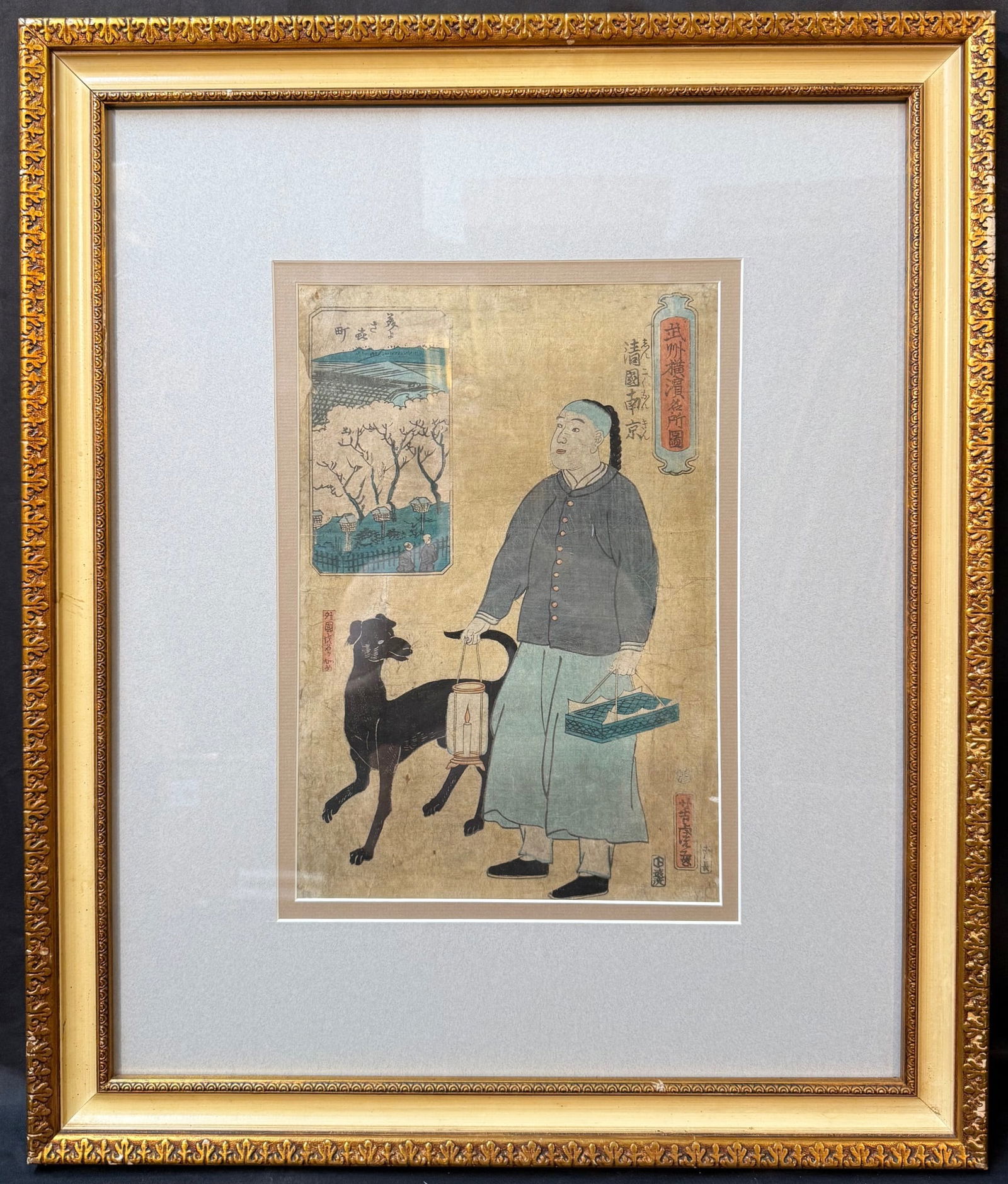 ANTIQUE ORIGINAL JAPANESE WOODBLOCK PRINT BY UTAGAWA YOSHITORA (1836-1882) TITLED YOUNG FOREIGNER,: An antique, original Yokohama-e woodblock print by Utagawa Yoshitora (1836-1882), depicting a Western foreign resident strolling with a black dog, carrying a lantern and a handled basket. The figure i