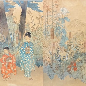 ANTIQUE JAPANESE DIPTYCH WOODBLOCK PRINTS BY OGATA GEKKO (1859-1920), 15IN x 21IN (38cm x 53cm)