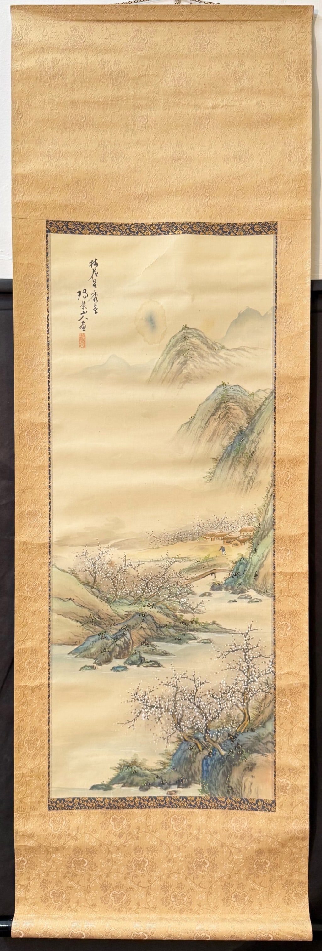 ANTIQUE ORIGINAL JAPANESE SCROLL PAINTING BY NORAKU OF A LANDSCAPE, 19IN x 53IN (48cm x 135cm) (1 of 5)