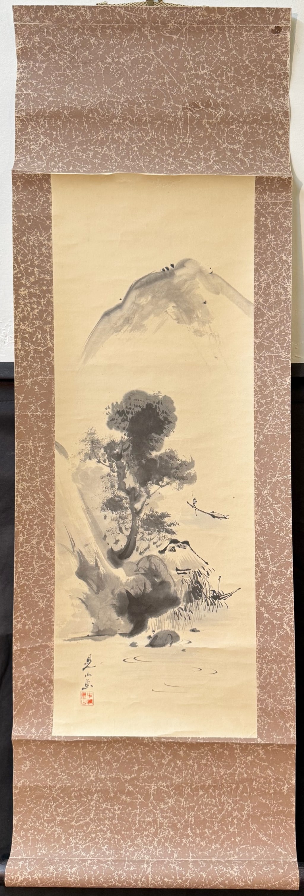 ANTIQUE ORIGINAL JAPANESE SCROLL PAINTING BY KENZAN NAKAMURA OF A LANDSCAPE, 12IN x 38IN (30cm x (1 of 3)