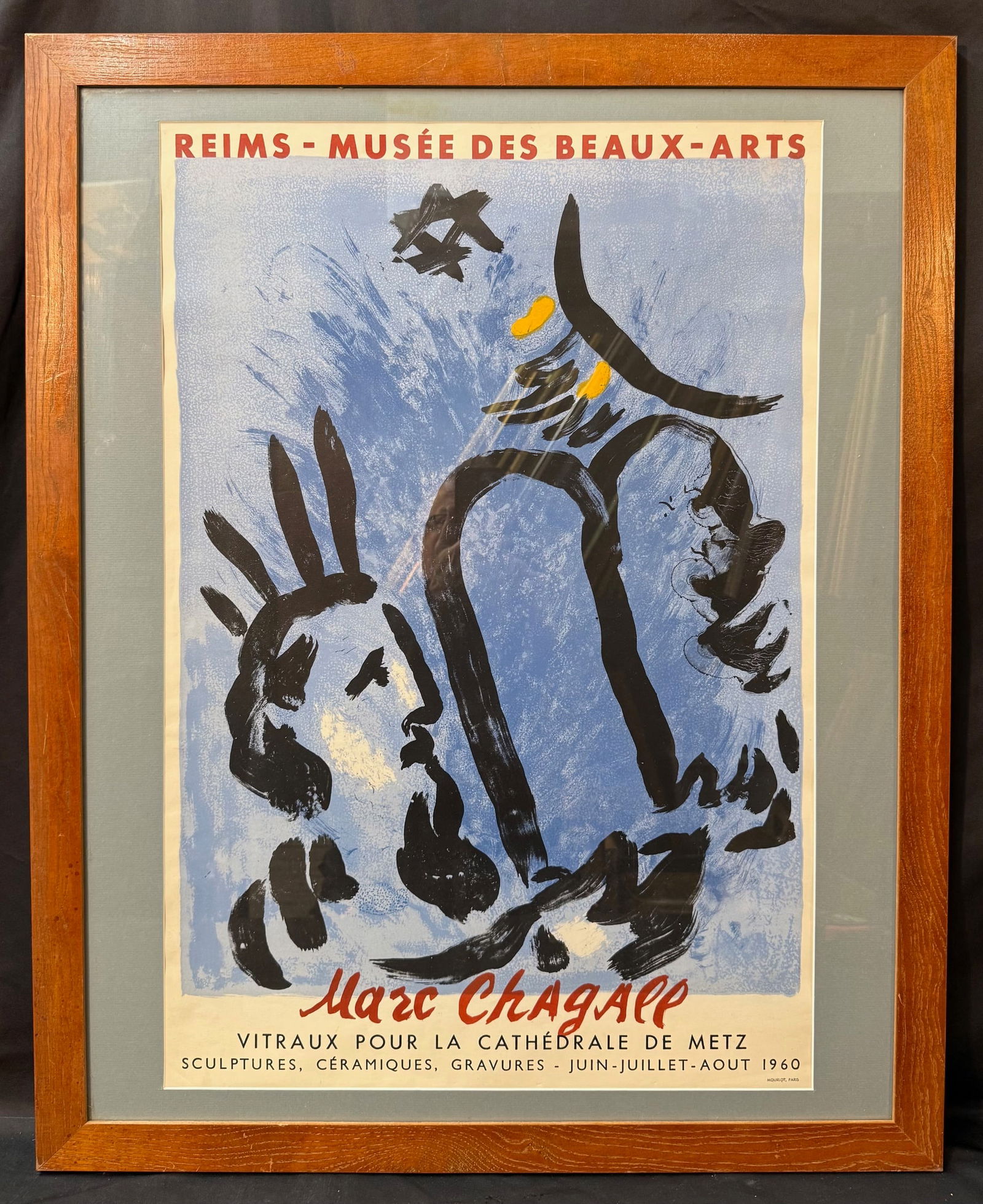 MARC CHAGALL (1887-1985) ORIGINAL EXHIBITION POSTER FOR THE MUSEE DES BEAUX ARTS IN REIMS, 29IN x: This is an original museum exhibition poster designed by Marc Chagall (1887-1985) for his landmark 1960 exhibition at the Musée des Beaux-Arts de Reims. The exhibition focused on Chagall’s stained-